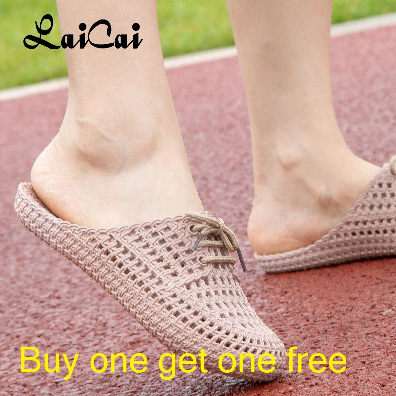 

Buy One Get One Free Flat Slippers for Women 2021 New Hollow Hole Shoes Closed Toe Sandals Women's Home Shoes Casuals Slippers