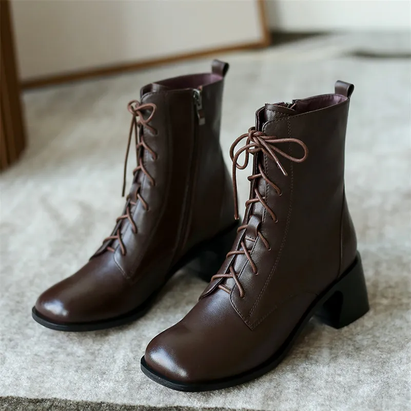 ANNYMOLI Genuine Leather High Heel Ankle Boots Women Shoes Square Toe Lace Up Zipper Block Heels Short Boots Autumn Brown Black
ANNYMOLI Genuine Leather High Heel Ankle Boots Women Shoes Square Toe Lace Up Zipper Block Heels Short Boots Autumn Brown Black