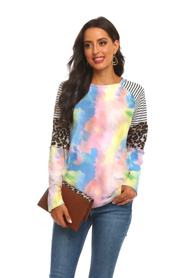 

Round Neck Raglan Aw2020 Sleeve Leopard Pattern Stitching Long Sleeve T-shirt Tie Dyed Striped Top