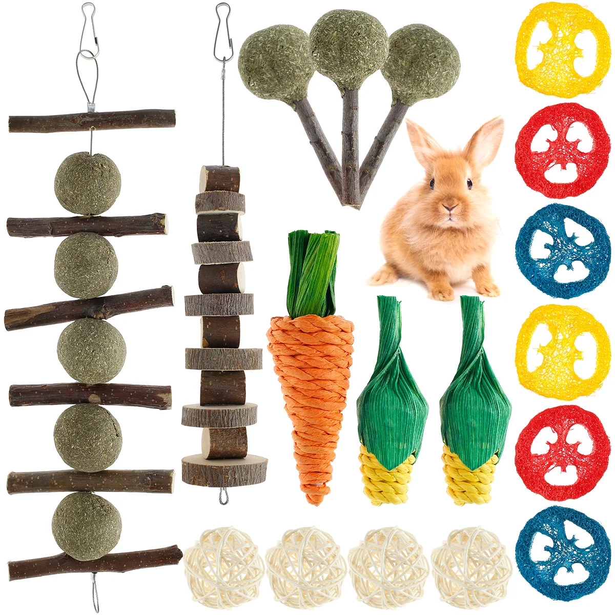 18Pcs Rabbit Chew Toys for Teeth Grinding Bunny Chew Toys for Dental Health Natural Wood Grass Ball String Loofah Carr
18Pcs Rabbit Chew Toys for Teeth Grinding Bunny Chew Toys for Dental Health Natural Wood Grass Ball String Loofah Carr