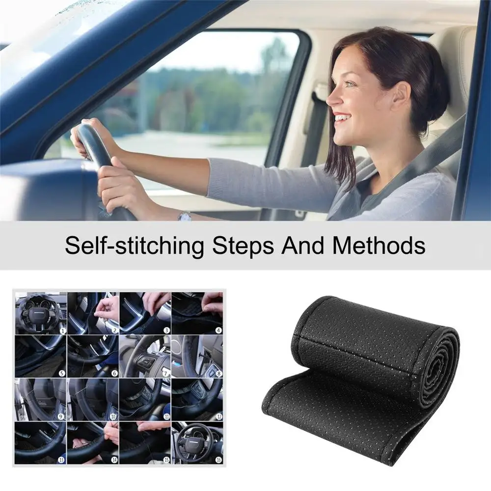 Black Universal PU Leather Car Auto Steering Wheel Cover With Needles And Thread Breathability Skid-Proof Vehicle Cover Hot Sell 
Black Universal PU Leather Car Auto Steering Wheel Cover With Needles And Thread Breathability Skid-Proof Vehicle Cover Hot Sell