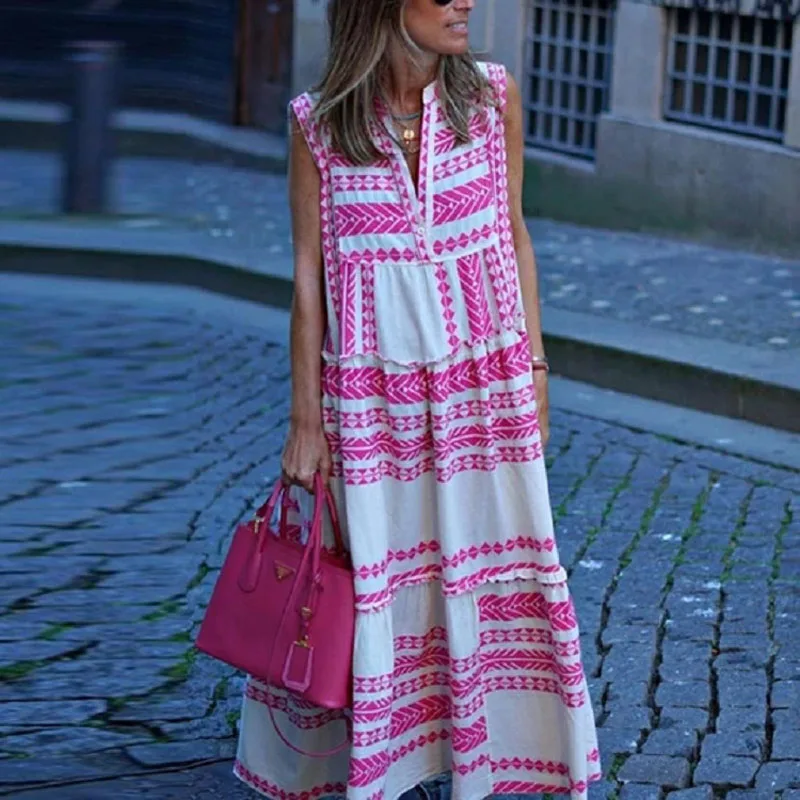 2021 Summer Geometric Print Long Party Dress Spring Elegant V-neck Button Maxi Dress Women Casual Sleeveless Loose A-Line Dress
2021 Summer Geometric Print Long Party Dress Spring Elegant V-neck Button Maxi Dress Women Casual Sleeveless Loose A-Line Dress
