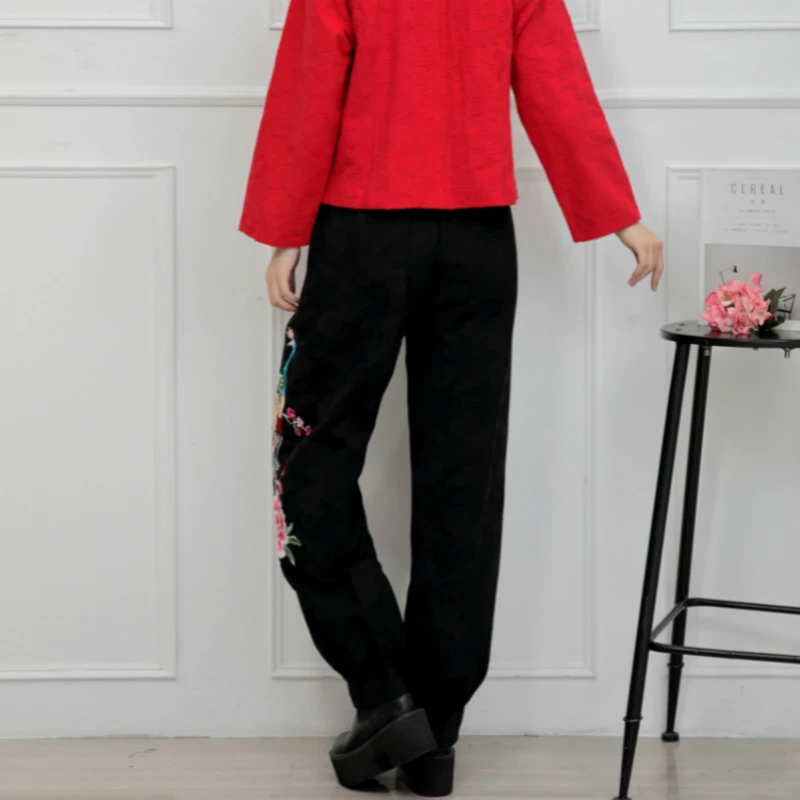 Autumn Winter Women Vintage Embroidery Straight Pants Black Elastic Waist Cotton Linen Pants Casual Trousers Pantalones Mujer
Autumn Winter Women Vintage Embroidery Straight Pants Black Elastic Waist Cotton Linen Pants Casual Trousers Pantalones Mujer
