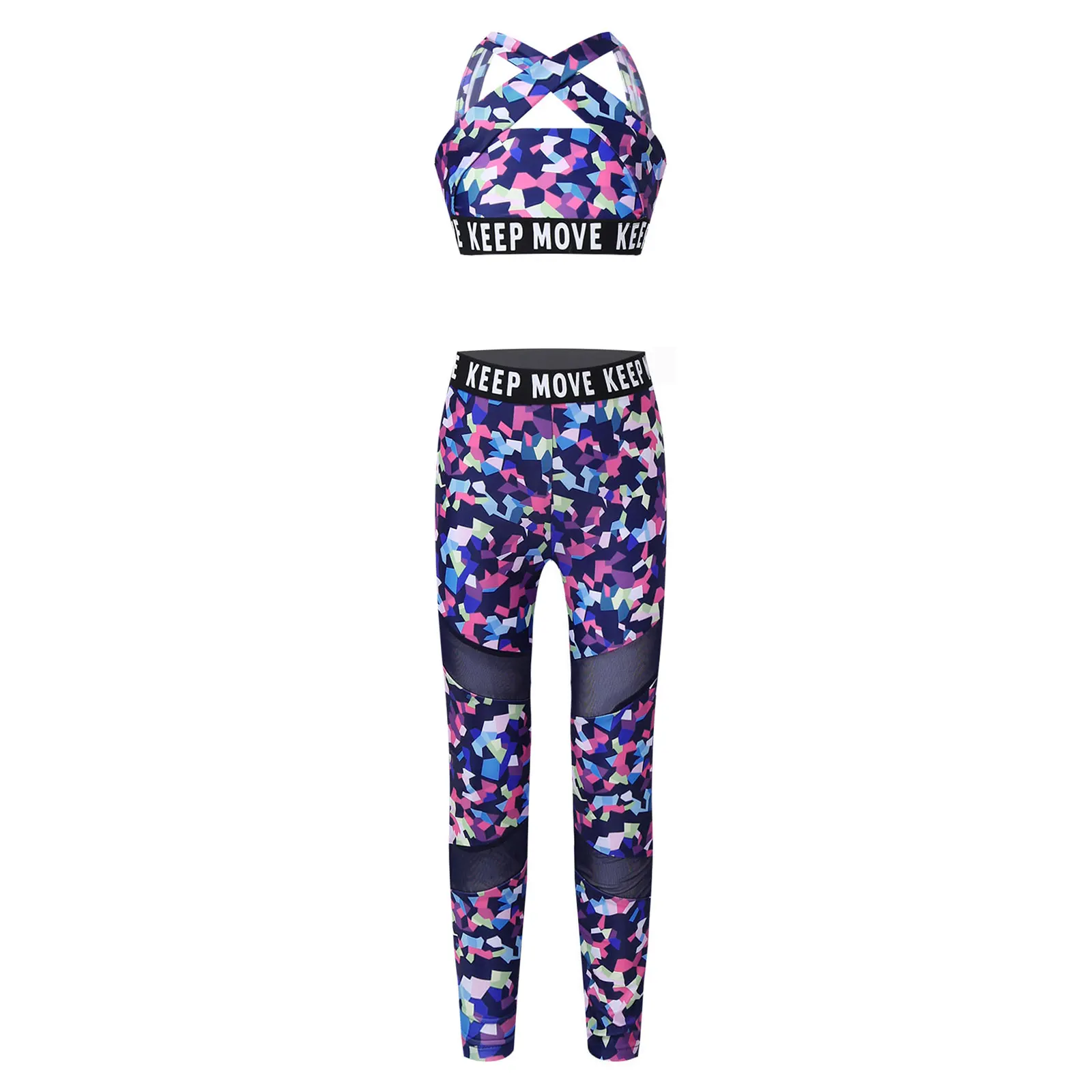 

Kid Girls Summer Sport Suit Sportwear Cross at Rear Letters Print Workout Gym Yoga Sports Crop Top High Waist Pants Trousers Set