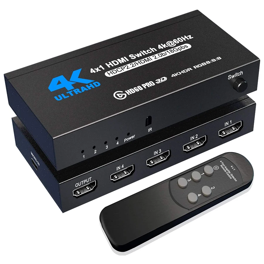 

HDMI Switch 4K@60Hz 4 Port HDMI 2.0 Switcher Selector 4 in 1 Out with IR Remote Control Supports 4K HDR10 HDCP 2.2 for PS4 Xbox