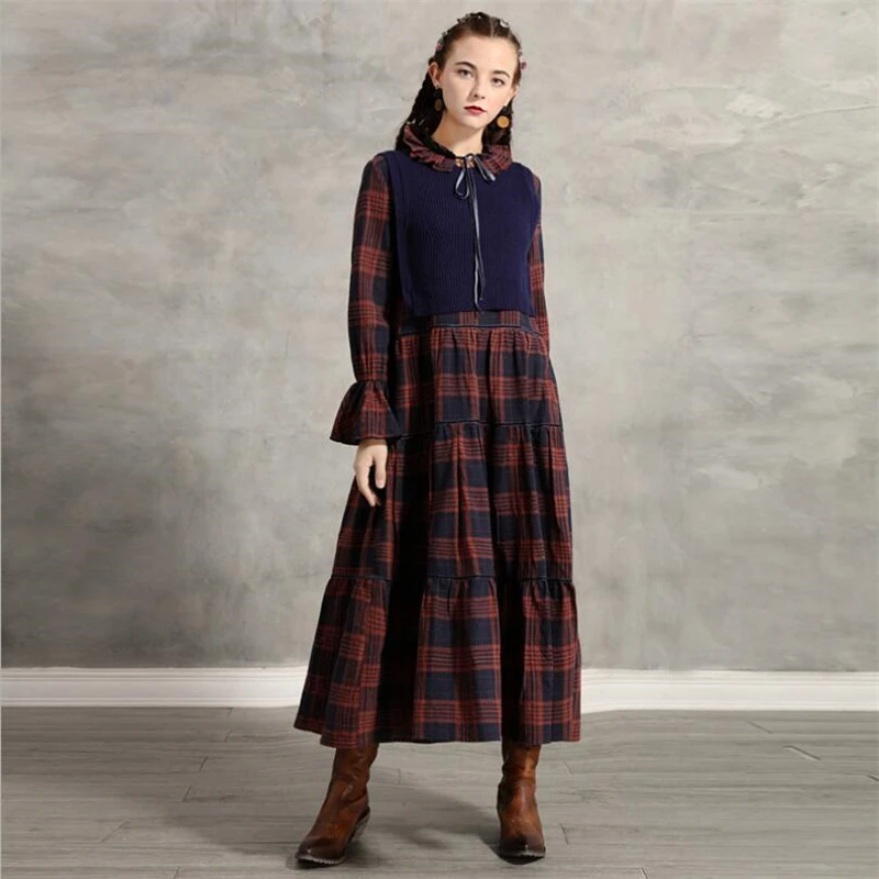 Leisure Plaid Dress with Lace Bow Swing Dress Party Dress A-line Women Dress Full Sleeve Midi Dress Female Free knitted shawl 
Leisure Plaid Dress with Lace Bow Swing Dress Party Dress A-line Women Dress Full Sleeve Midi Dress Female Free knitted shawl