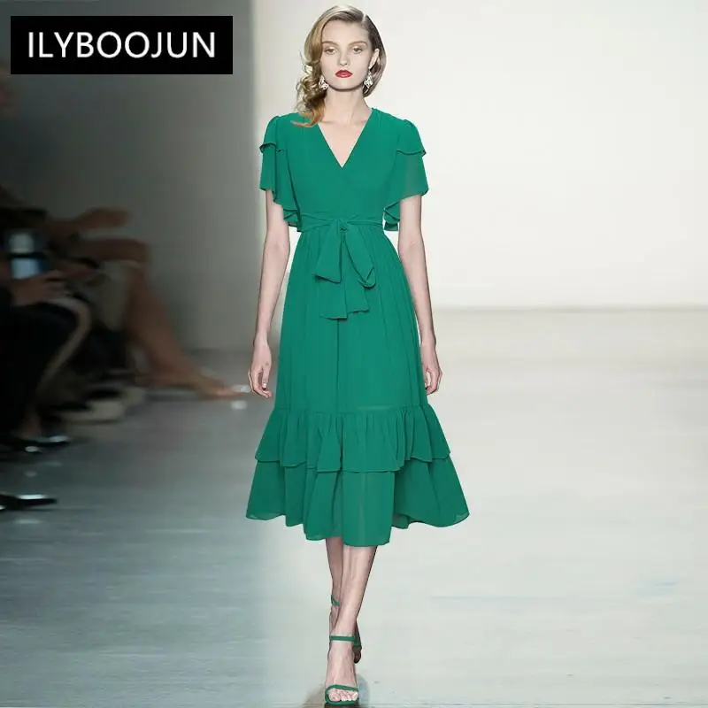 Fashion Runway Designer Summer Green Midi Dress Women's Elegant V-neck Ruffles Short Sleeve Dress
Fashion Runway Designer Summer Green Midi Dress Women's Elegant V-neck Ruffles Short Sleeve Dress