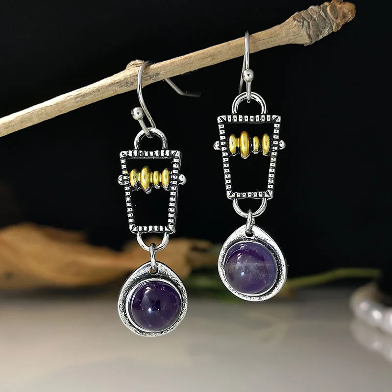 Vintage Round Beads Purple Stone Earrings Two Tone Metal Female Jewelry Hollow Geometric Statement Earrings Pendientes
Vintage Round Beads Purple Stone Earrings Two Tone Metal Female Jewelry Hollow Geometric Statement Earrings Pendientes