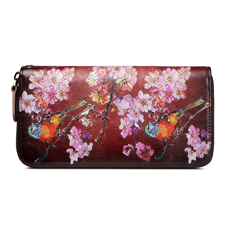 Женский кожаный кошелек с цветами большой бумажник из натуральной кожи клатч