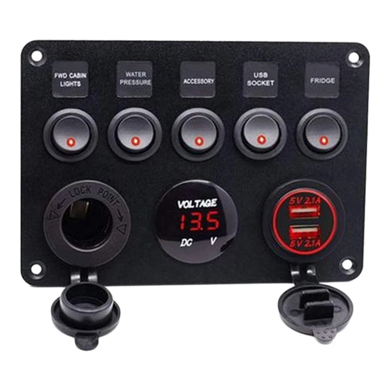 5 Gang Rocker Switch Panel with Digital Voltmeter+12V Power Socket +Double USB Power Charger Adapter Waterproof Red LED
5 Gang Rocker Switch Panel with Digital Voltmeter+12V Power Socket +Double USB Power Charger Adapter Waterproof Red LED