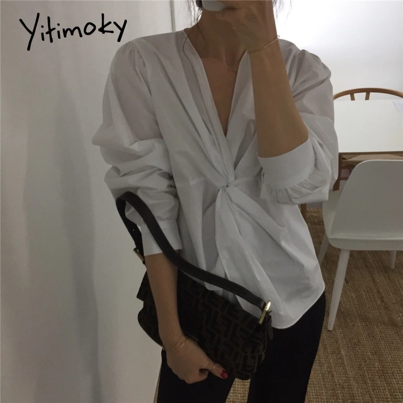 Блузка Yitimoky Женская с длинным рукавом, топ с V-образным вырезом, одежда Unicolor, корейская мода, Повседневный Белый пуловер, весна-лето 2021 
Блузка Yitimoky Женская с длинным рукавом, топ с V-образным вырезом, одежда Unicolor, корейская мода, Повседневный Белый пуловер, весна-лето 2021