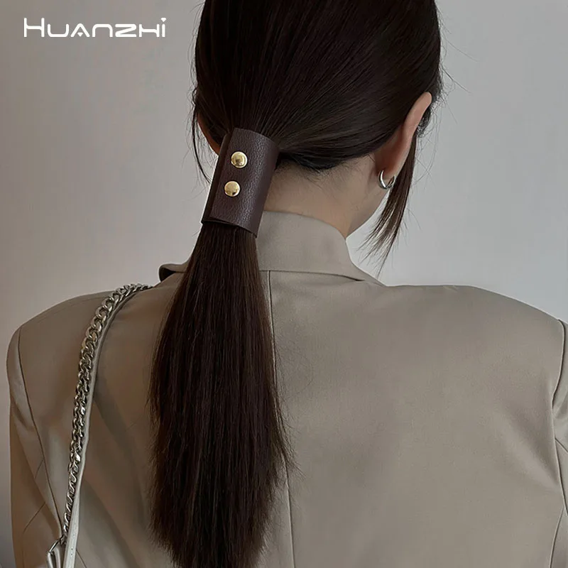 HUANZHI 2021 новый кожаный ремень для женщин заколка хвоста простой головной убор