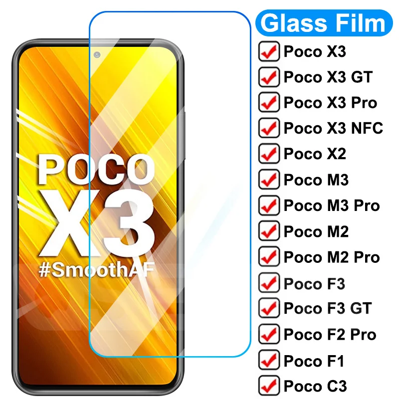 Защитное стекло 9H HD для Xiaomi Poco X3 NFC F3 GT M3 M2 F2 Pro закаленное F1 C3 X2 Защитная пленка