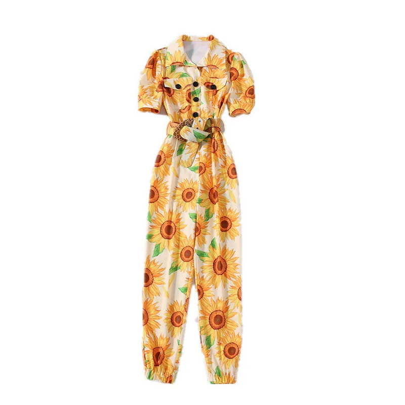 High Quality Jumpsuits 2020 Summer Style Women Turn-down Collar Sunflower Print Chest Pocket Deco Short Sleeve Casual Jumpsuits
High Quality Jumpsuits 2020 Summer Style Women Turn-down Collar Sunflower Print Chest Pocket Deco Short Sleeve Casual Jumpsuits