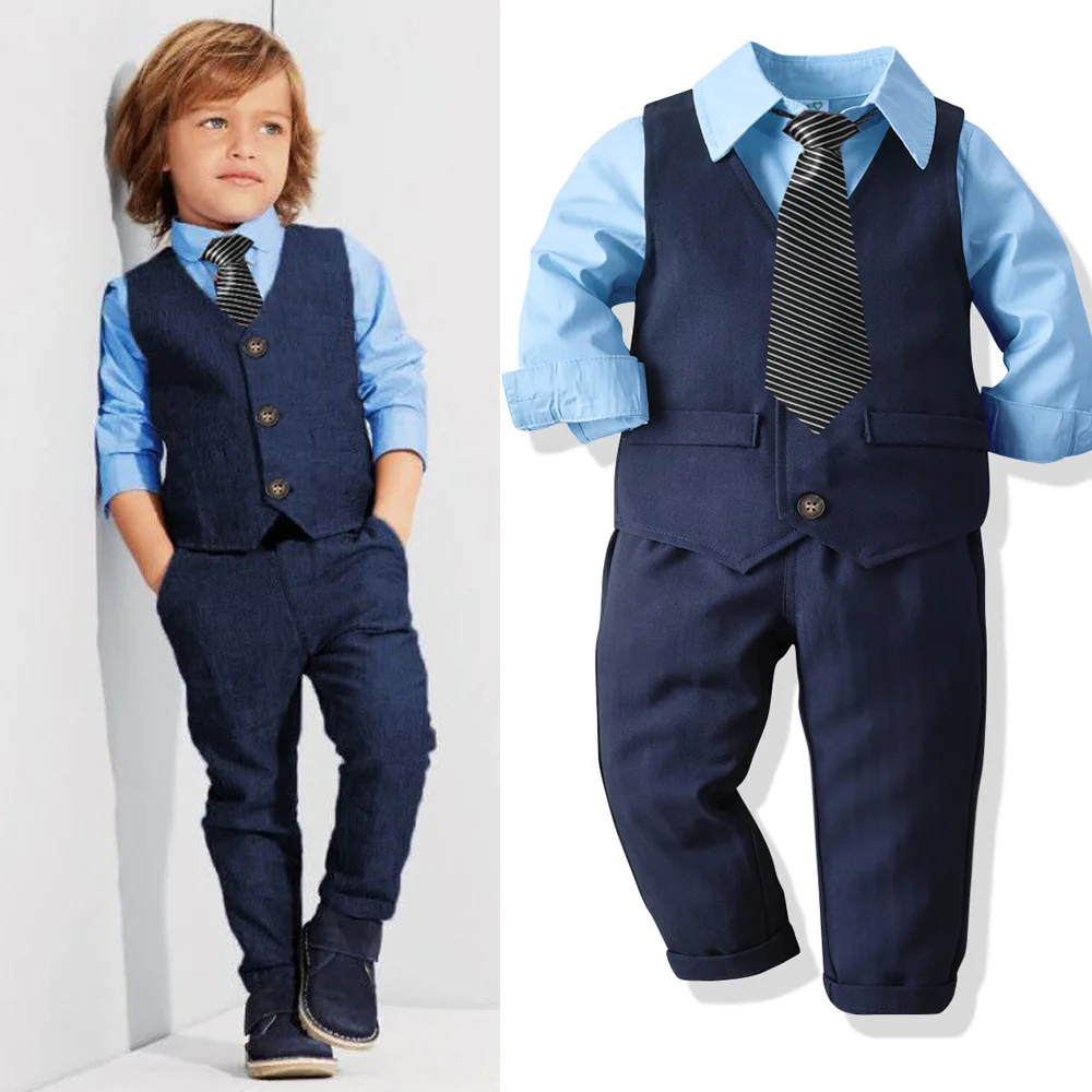 2020 Детский костюм 4 шт./компл. детский деловой для мальчиков Однотонная рубашка