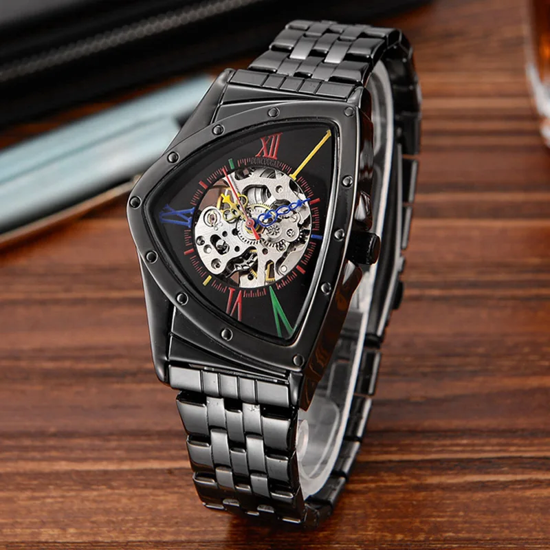 

2021 Fashion Hollow Triangular Watches Men Black Skeleton Watches Stainless Steel Automatic Mechanical Wristwatches Reloj Hombre