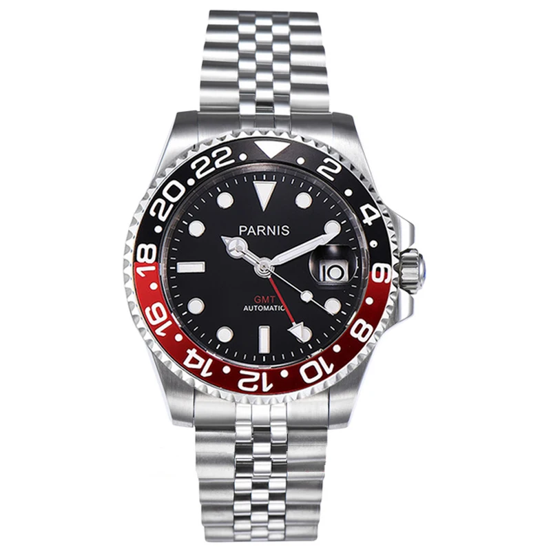 

Parnis 40mm Red Black Bezel Mechanical Men Watches GMT Sapphire Crystal Watch Automatic Calendar With Box Gift reloj hombre 2021