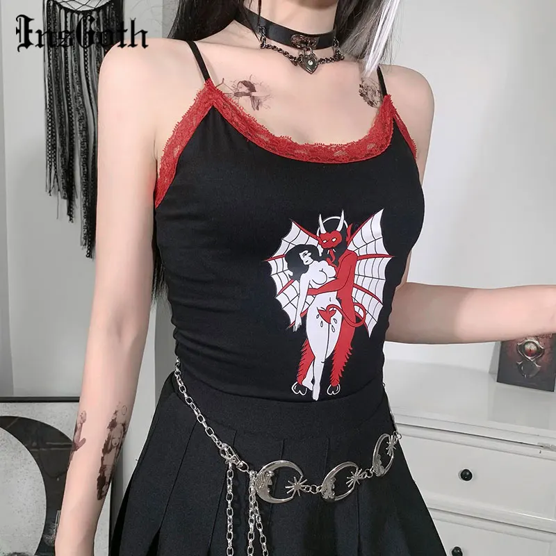 

InsGoth Grunge Devil Print Black Camisole Gothic Harajuku Sexy V Neck Camis Vintage Lace Trim Skinny Summer Tops Dark Goth Camis