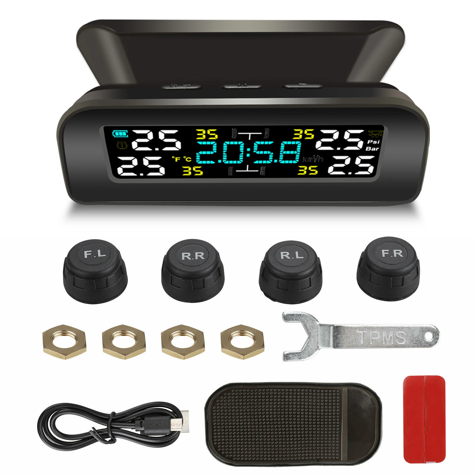 Wireless Solar TPMS Car Windshield Tire Pressure Monitor Alarm System LCD Color Sn with 4 External Sensors
Wireless Solar TPMS Car Windshield Tire Pressure Monitor Alarm System LCD Color Sn with 4 External Sensors