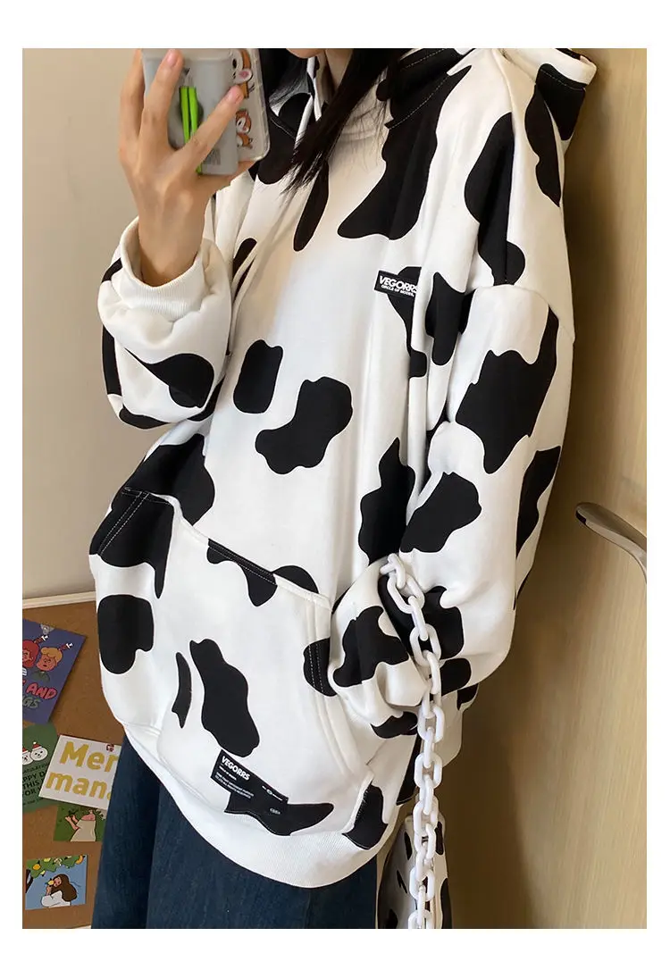 Cute Dairy Cow Kpop Women Hoodie Oversized Warm Pocket Hooded Sweatshirt Winter Harajuku Hoddies Loose Print Polerones Mujer | Женская