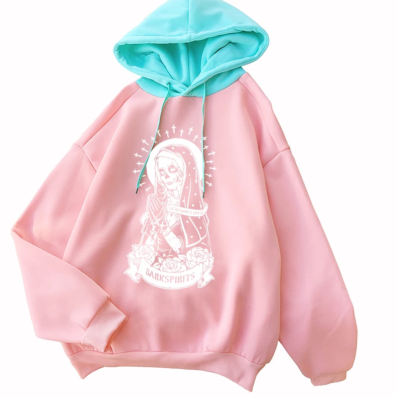 

Harajuku Women's Kawaii Hoodies Virgin Mary Skeleton Print Crative Spell Color Stitch Loose Casual y2k Sweatshirts Woman Clothes