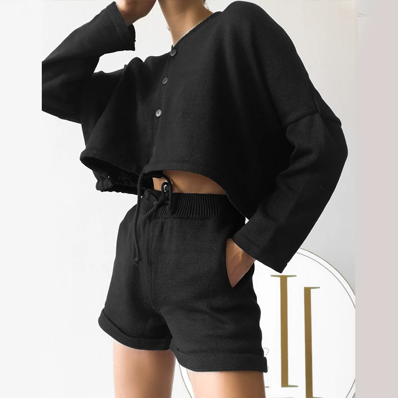 Knit Sets Women Cotton Two Piece Sets Female Button V Neck Long Sleeve TShirt Drawstring Shorts Suits Women Casual Outfits
Knit Sets Women Cotton Two Piece Sets Female Button V Neck Long Sleeve TShirt Drawstring Shorts Suits Women Casual Outfits