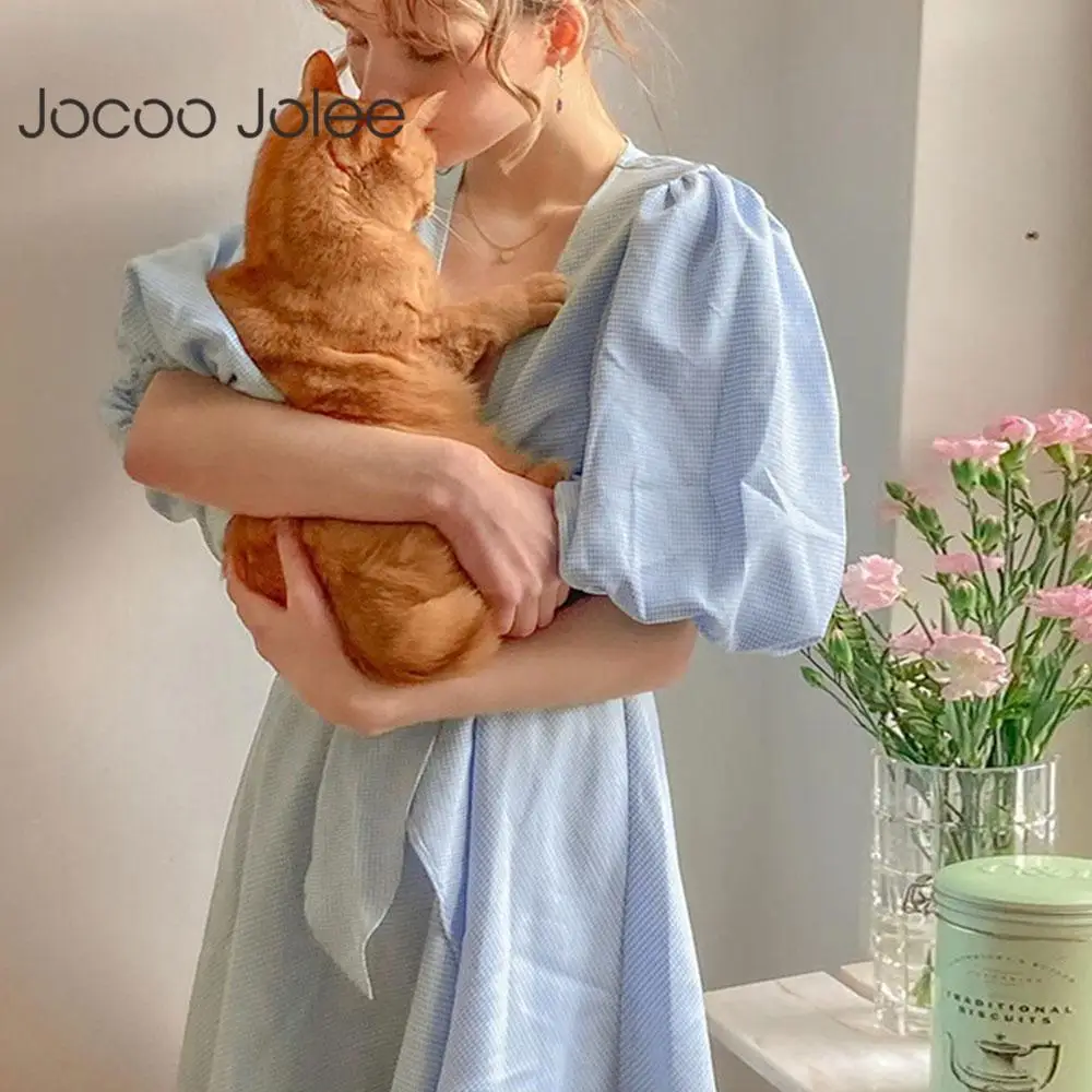 

Jocoo Jolee Women Summer Sexy Puff Sleeve Deep V-Neck Bow Elegant Low-Cut Dress Solid Sweet Casual Basic Pleated Party