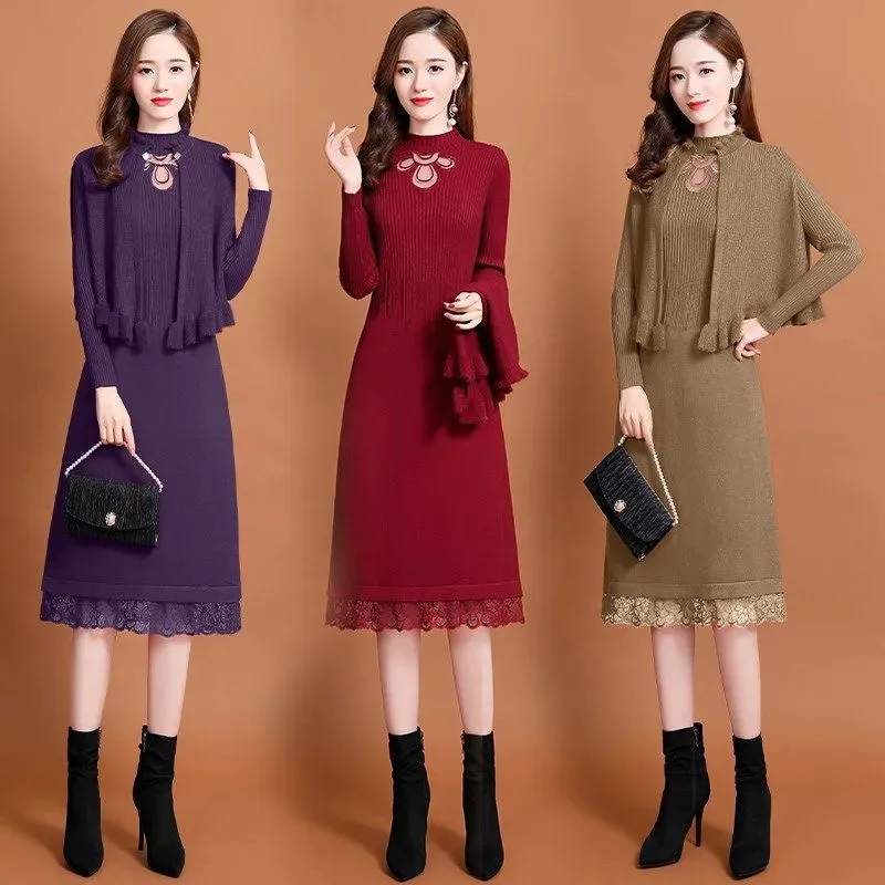 Autumn New Women Sweater Dress Suit Solid High Quality Long Sleeve Knitted Two Piece Sets Elegant Lace Embroidery Women Sets
Autumn New Women Sweater Dress Suit Solid High Quality Long Sleeve Knitted Two Piece Sets Elegant Lace Embroidery Women Sets