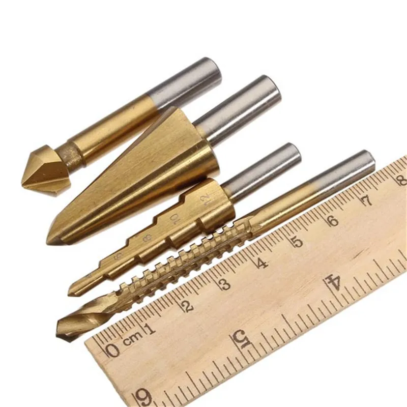 

4pcs/Set HSS Contersink Drill Step Drill Tapered Cone Saw Dill Titanium Coated Hexagon Shank Metal High Speed Steel Drill Sets