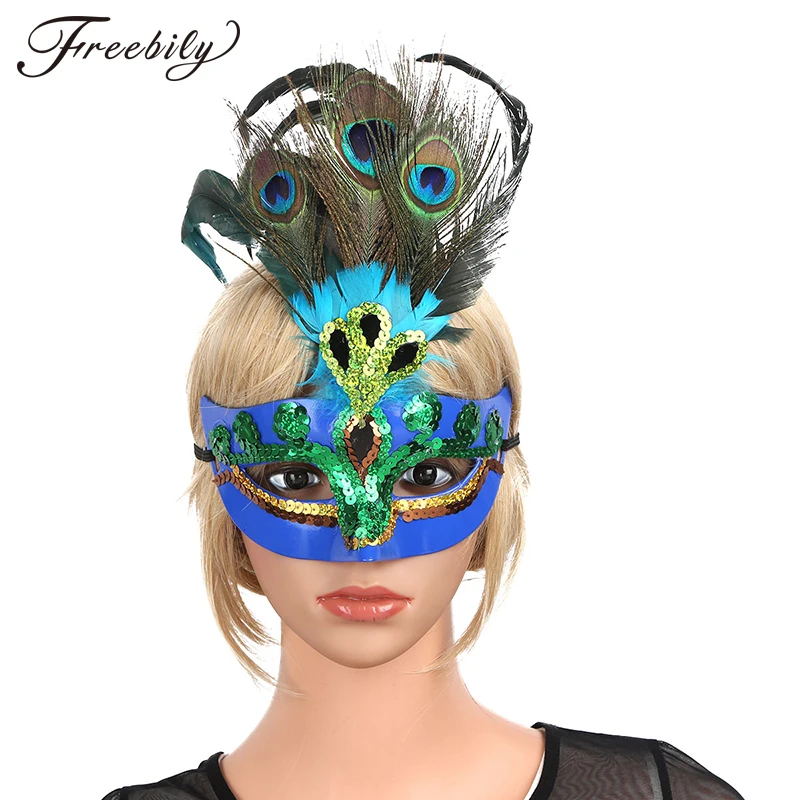

Женские блестящие маскарадные маски с перьями и павлином для вечеринки, аксессуары для костюма на Хэллоуин, маска на половину лица