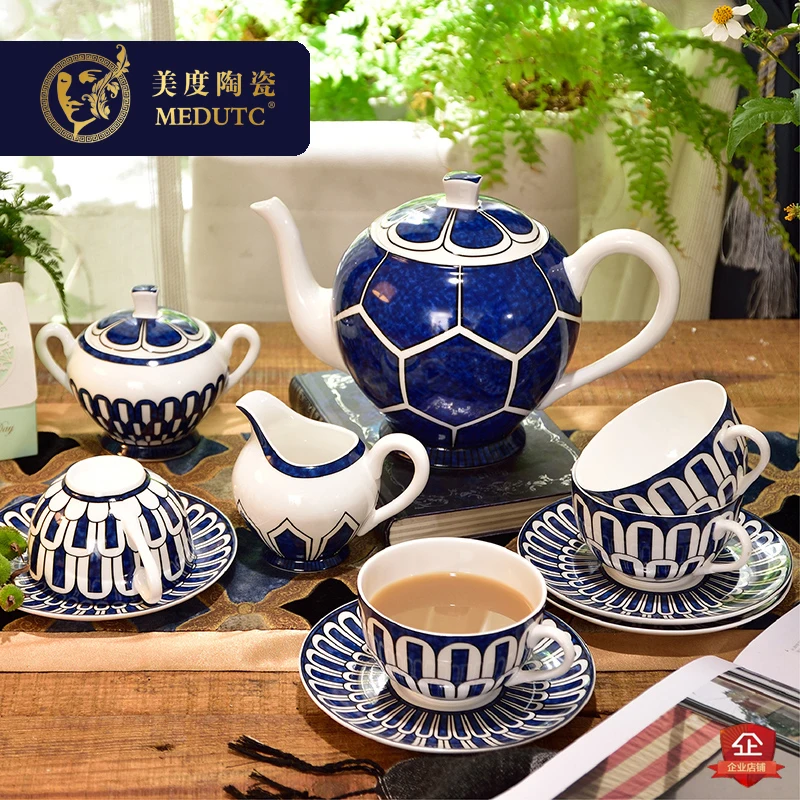 Синий кофейный набор из костяного фарфора роскошный фарфоровый чайный