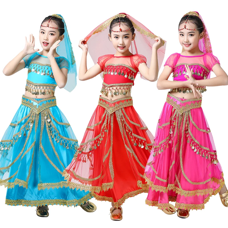 New Children Bollywood Dance Costume Set Belly Dance Indian Sari Girls Top Headwear Veil Belt Skirt Coin Stage Performance
New Children Bollywood Dance Costume Set Belly Dance Indian Sari Girls Top Headwear Veil Belt Skirt Coin Stage Performance