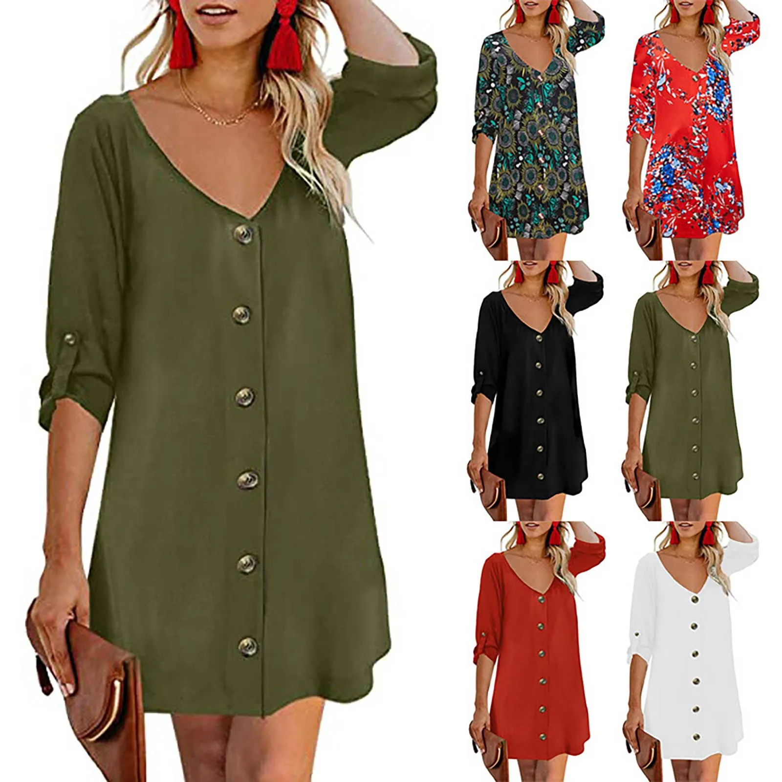 Solid Floral Oversize Dresses Women Summer V-neck Buttons Half Sleeve Mini Dress Office Lady Casual Women Dresses Ropa Mujer 
Solid Floral Oversize Dresses Women Summer V-neck Buttons Half Sleeve Mini Dress Office Lady Casual Women Dresses Ropa Mujer