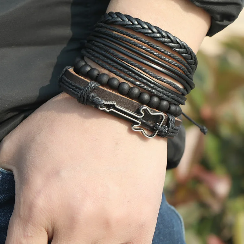 

2021Vintage Guitar Multilayer Leather Bracelet Men's Fashion Braided Handmade Beaded Rope Wrapped Bracelets and Bracelets Men's