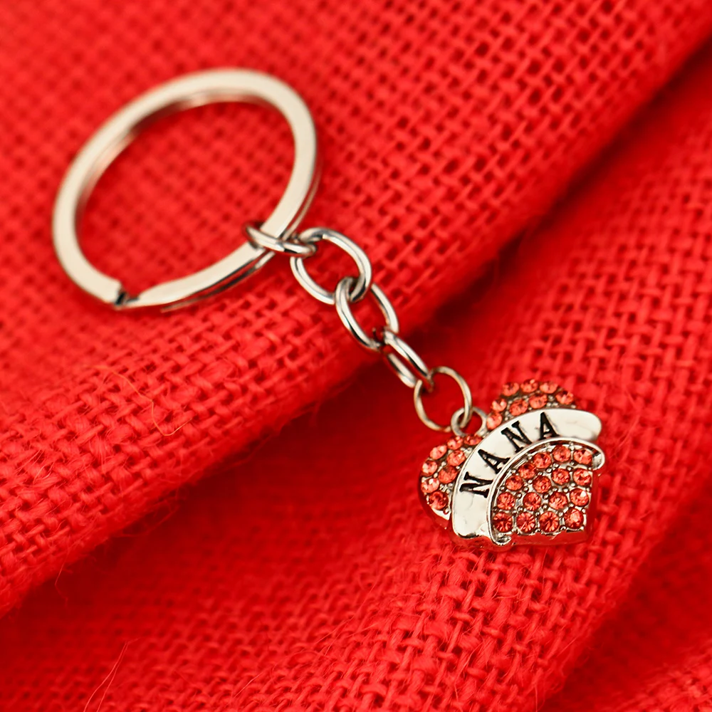 

12PC Pink Crystal Rhinestone Heart Keyrings Nana Love Heart Charm Pendant Keychains Family Women Jewelry Grandmother's Gifts Hot