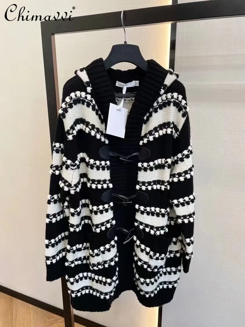 Black White Striped Cardigan for Women Autumn Winter Button Hooded Wool Jacquard Sweater Coat Lady Long Sleeve Casual Jacket
Black White Striped Cardigan for Women Autumn Winter Button Hooded Wool Jacquard Sweater Coat Lady Long Sleeve Casual Jacket