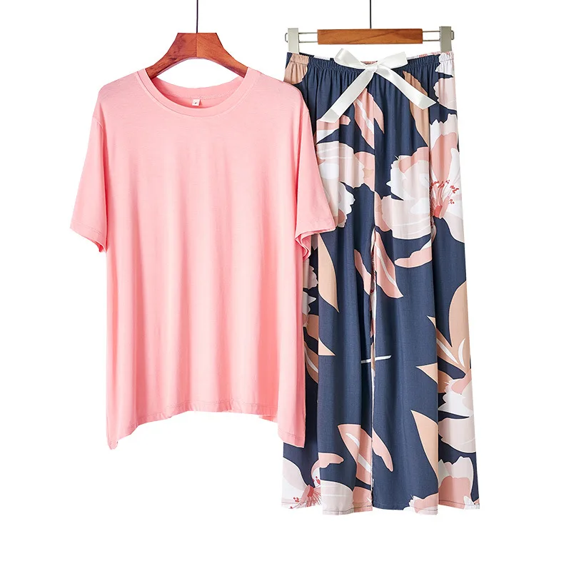 

Лето 2021, шелковая пижама из модала и хлопка, Женский японский простой цветочный пижамный комплект с короткими рукавами и укороченными штана...