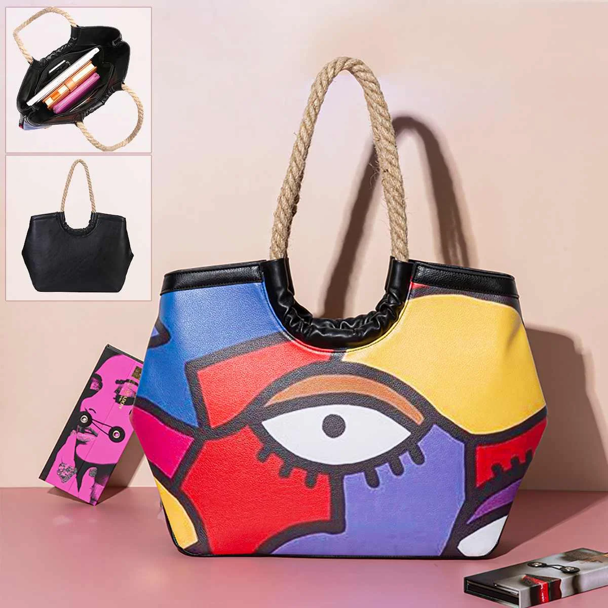 

Индивидуальная Женская сумочка, цветная Соломенная пляжная сумка-тоут с абстрактным рисунком, Вместительная дорожная косметическая сумка ...