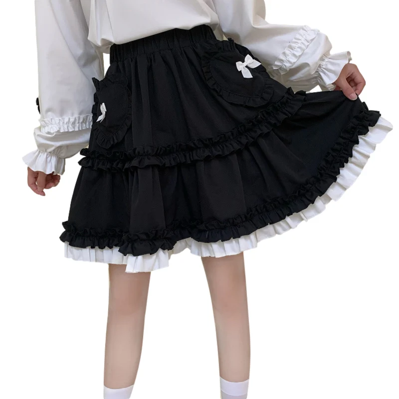 

Gothic Lolita Kawaii Pleated Mini Skirt Women School Girls Harajuku JK Cosplay Lace Ruffle Heart Pocket Short Tutu Black Skirts