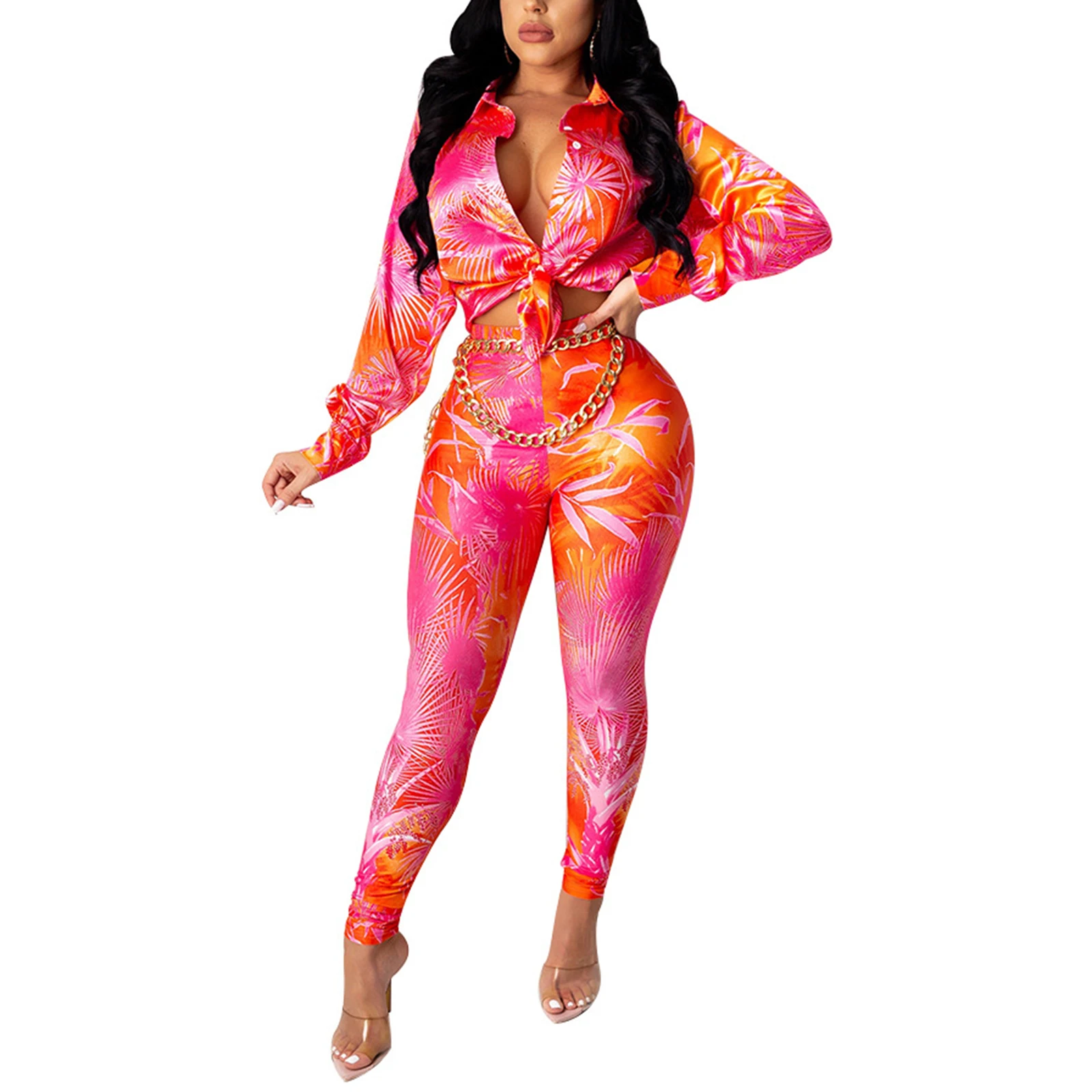 2021 New Spring 2 Pcs Lady's Sexy Printed Casual Suit Lapel Long Sleeve Low-cut Midriff-baring Shirt, Slim Trousers Daily Life 
2021 New Spring 2 Pcs Lady's Sexy Printed Casual Suit Lapel Long Sleeve Low-cut Midriff-baring Shirt, Slim Trousers Daily Life