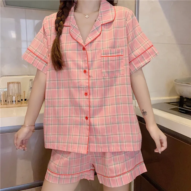 Korean Summer Plaid Women Checkered Pajamas Set Female Contton Linen Short Sleeve Casual Loose Pink Green PJS Sets Sweet
Korean Summer Plaid Women Checkered Pajamas Set Female Contton Linen Short Sleeve Casual Loose Pink Green PJS Sets Sweet