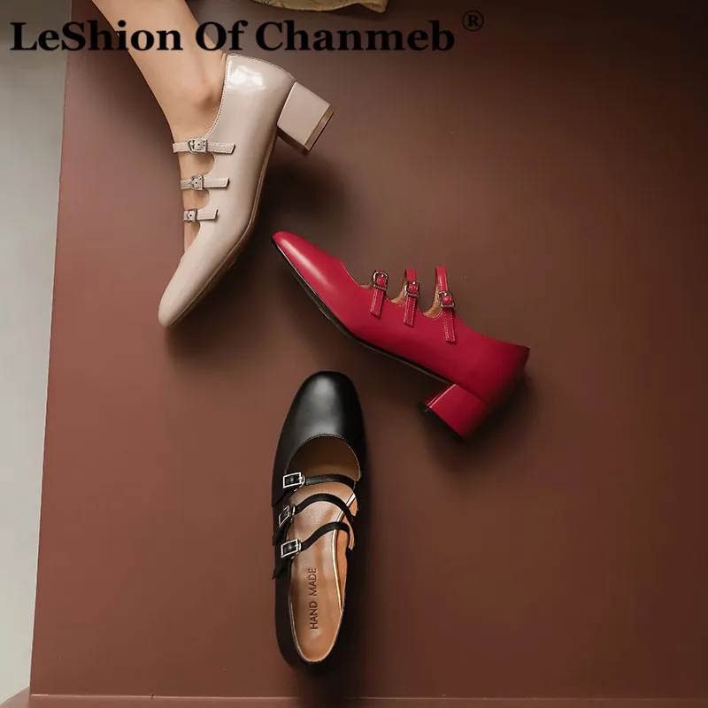 

LeShion Of Chanmeb Size 33-40 Women's Genuine Leather Shoes Block Heels Pumps Red Nude Rome Multi-buckled Strap Mary Janes Woman