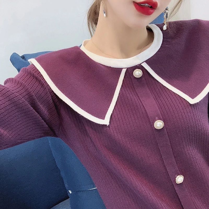 Women's Sweet Long-sleeved Lapel Sweater Faux Single-breasted Purple Shot Knit Top
Women's Sweet Long-sleeved Lapel Sweater Faux Single-breasted Purple Shot Knit Top