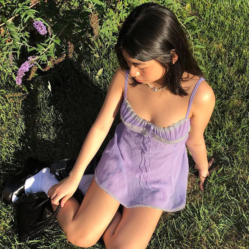 

Y2k Aesthetic Purple Mini Dress Sweet Lace Up Kawaii E-girl Chiffon Summer Dresses for Women 2021 Sexy Sleevelss Party Clothes