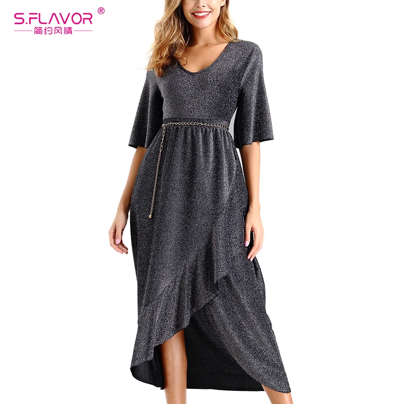 S. FLAVOR 2020 весеннее платье миди с оборками элегантное v-образным вырезом и коротким