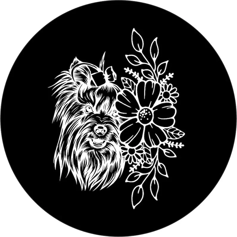 

Yorkie with Flowers Spare Tire Cover for any Vehicle, Make, Model, Size - Car, RV, Travel Trailer, Camper & MORE