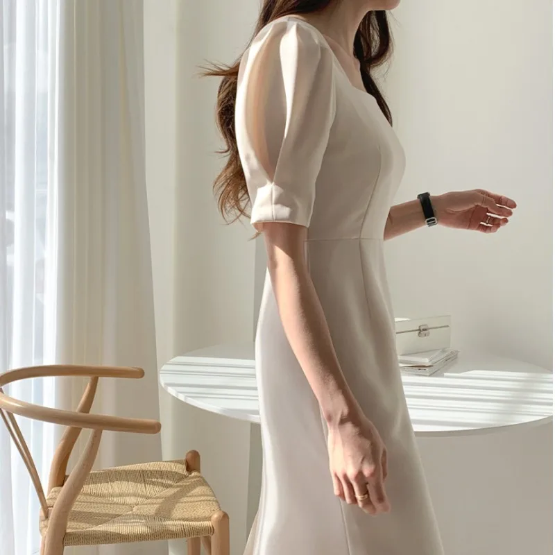Korean Chic French Minority Socialite Dignified Goddess Square-Neck Cinched Slimming Puff Sleeve Fishtail Dress Long Skirt