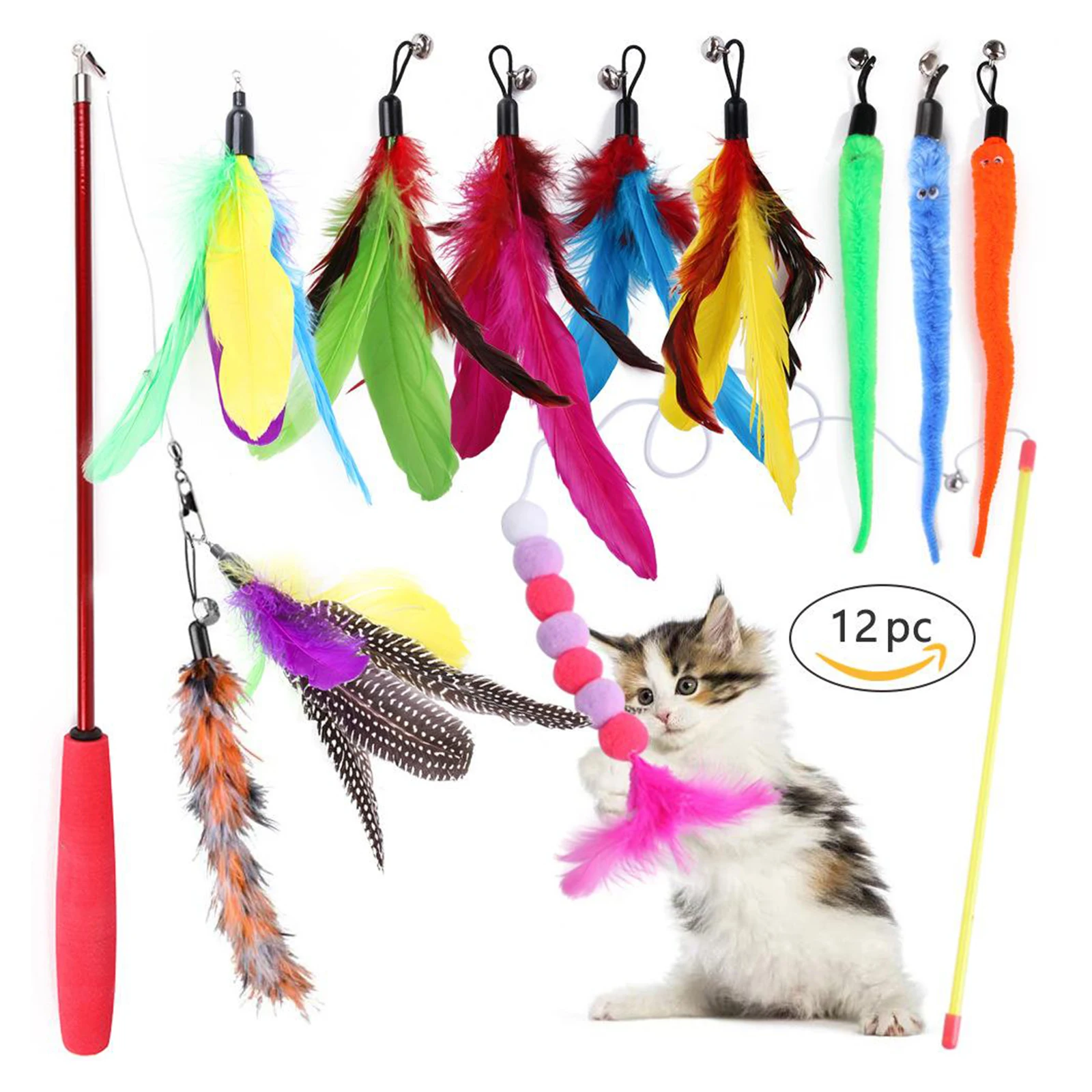 

Extendable Feather Interactive Teaser Wand Toys with 8 Refills for Cats Birds Training