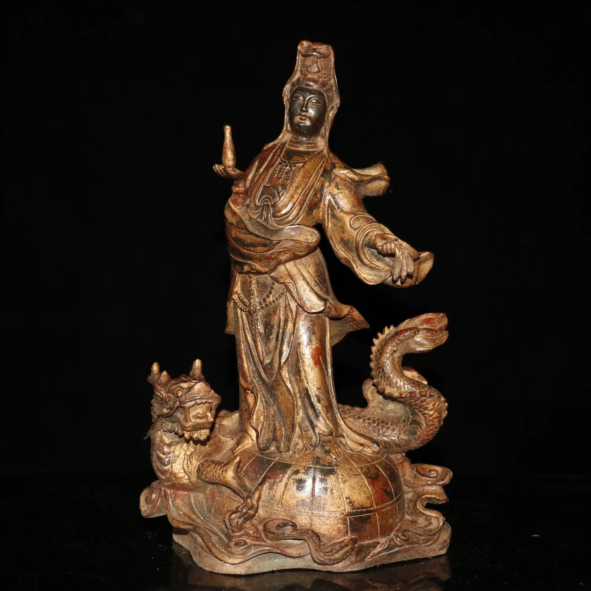 15"Chinese temple collection Old Bronze Cinnabar Lacquer Ride a dragon Guanyin Bodhisattva Sitting Buddha Enshrine the Buddha
15"Chinese temple collection Old Bronze Cinnabar Lacquer Ride a dragon Guanyin Bodhisattva Sitting Buddha Enshrine the Buddha