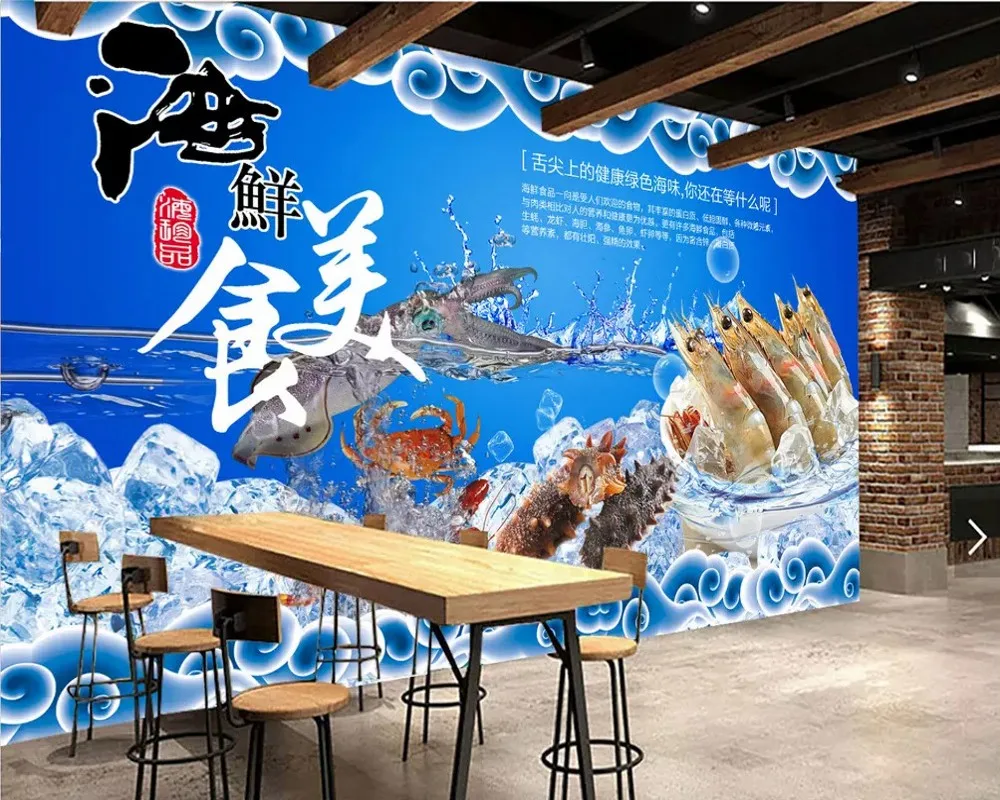 

Drop Shipping Custom Wallpaper Mural Blue Ocean Modern Minimalist Seafood Restaurant Decorative Painting Background Wall Mural